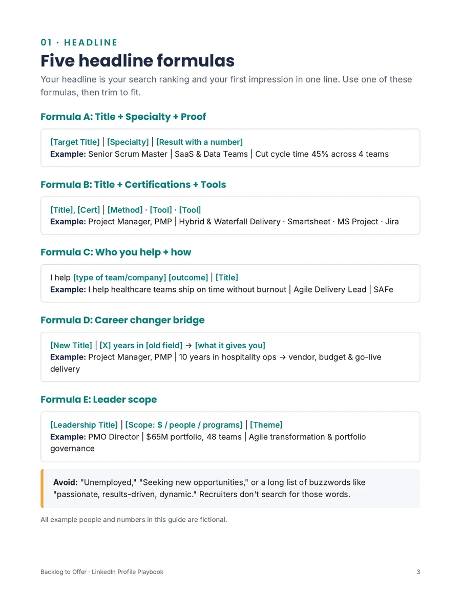 Headline formulas page