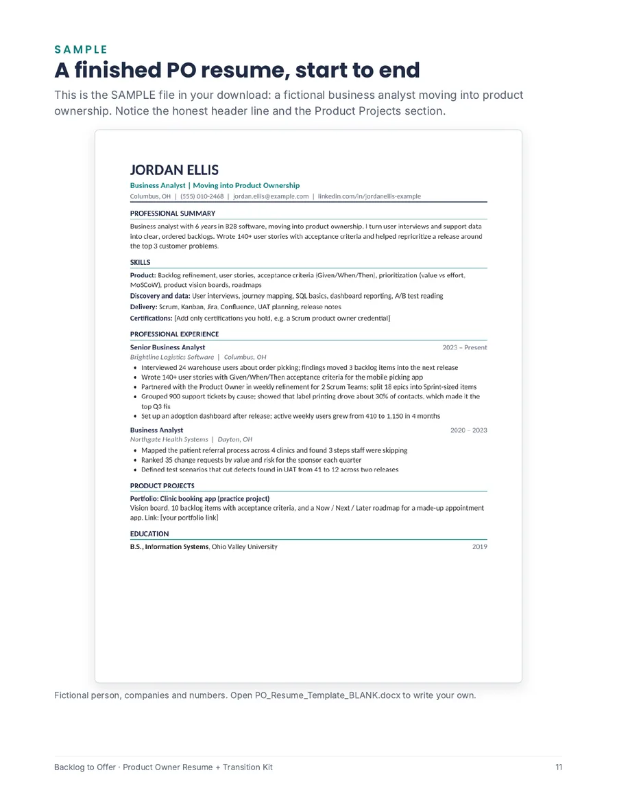 The finished sample resume (fictional)