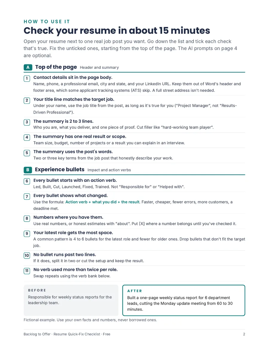 Checks 1 to 11: header, summary and bullets